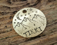 Load image into Gallery viewer, Pet id tag, hand stamped with mountain, moon & stars