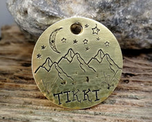 Load image into Gallery viewer, Pet id tag, hand stamped with mountain, moon & stars