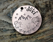 Load image into Gallery viewer, Dog id tag, hand stamped with cactus design & mountains