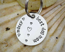 Load image into Gallery viewer, 'Best dog mom' keychain, handstamped with the dog's name & hearts