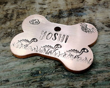 Load image into Gallery viewer, Bone dog tag, hand stamped with cute dino