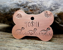 Load image into Gallery viewer, Bone dog tag, hand stamped with cute dino