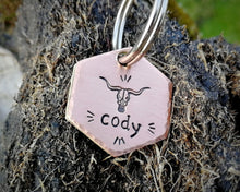 Load image into Gallery viewer, Hexagon cat id tag, hand stamped with longhorn design