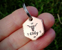 Load image into Gallery viewer, Hexagon cat id tag, hand stamped with longhorn design