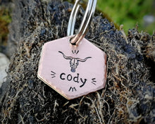 Load image into Gallery viewer, Hexagon cat id tag, hand stamped with longhorn design