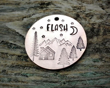 Load image into Gallery viewer, Dog id tag, hand stamped with mountains, trees & cabin