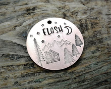 Load image into Gallery viewer, Dog id tag, hand stamped with mountains, trees & cabin