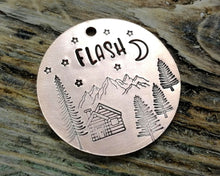 Load image into Gallery viewer, Dog id tag, hand stamped with mountains, trees & cabin