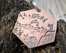 Load image into Gallery viewer, Hexagon dog tag, hand stamped with nautical design, dolphin & lighthouse