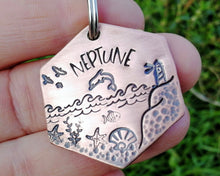Load image into Gallery viewer, Hexagon dog tag, hand stamped with nautical design, dolphin & lighthouse