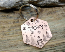 Load image into Gallery viewer, Hexagon dog tag, hand stamped with Christmas design & snowflakes
