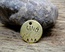Load image into Gallery viewer, Cat id tag, hand stamped with mountains & trees
