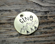 Load image into Gallery viewer, Cat id tag, hand stamped with mountains & trees