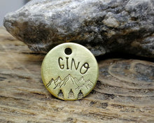 Load image into Gallery viewer, Cat id tag, hand stamped with mountains & trees