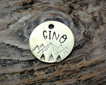 Load image into Gallery viewer, Cat id tag, hand stamped with mountains & trees