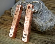 Load image into Gallery viewer, 'Best dog mom' keychain & matching dog tag, hand stamped with spaceship design