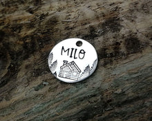 Load image into Gallery viewer, Cat name tag, hand stamped with trees & cabin