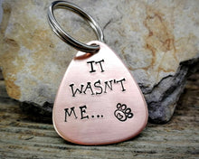 Load image into Gallery viewer, Guitar pick pet tag, hand stamped with 'It wasn't me'