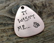 Load image into Gallery viewer, Guitar pick pet tag, hand stamped with 'It wasn't me'