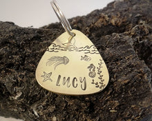 Load image into Gallery viewer, Guitar pick dog id tag, hand stamped with ocean design & whale