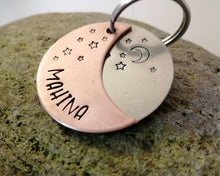 Load image into Gallery viewer, Dog id tag, crescent moon with stars, handstamped