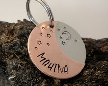 Load image into Gallery viewer, Dog id tag, crescent moon with stars, handstamped