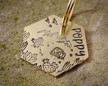 Load image into Gallery viewer, Hexagon dog id tag, hand stamped with adventure design, cactus & camper van