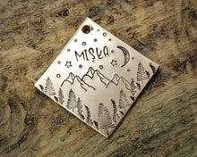 Load image into Gallery viewer, Square dog id tag, hand stamped with mountains, trees, moon & stars