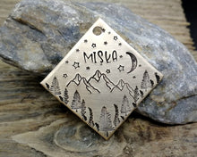 Load image into Gallery viewer, Square dog id tag, hand stamped with mountains, trees, moon & stars