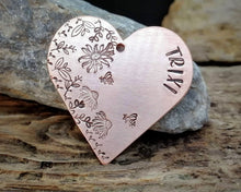 Load image into Gallery viewer, Large heart dog id tag, hand stamped with flower design & bees