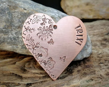 Load image into Gallery viewer, Large heart dog id tag, hand stamped with flower design & bees