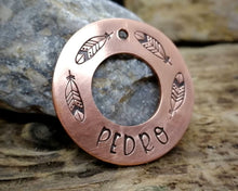 Load image into Gallery viewer, Washer dog tag, hand stamped with feathers