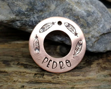 Load image into Gallery viewer, Washer dog tag, hand stamped with feathers