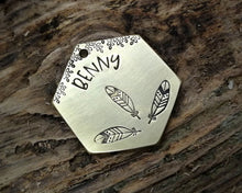 Load image into Gallery viewer, Hexagon dog tag, hand stamped with boho design & feathers