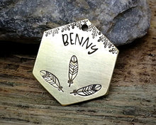 Load image into Gallery viewer, Hexagon dog tag, hand stamped with boho design & feathers