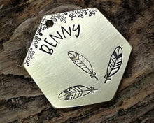 Load image into Gallery viewer, Hexagon dog tag, hand stamped with boho design & feathers
