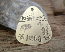 Load image into Gallery viewer, Guitar pick dog id tag, hand stamped with ocean design & whale