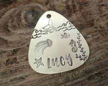Load image into Gallery viewer, Guitar pick dog id tag, hand stamped with ocean design & whale