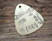 Load image into Gallery viewer, Guitar pick dog id tag, hand stamped with ocean design & whale