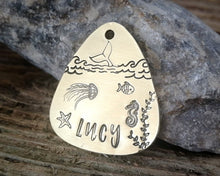 Load image into Gallery viewer, Guitar pick dog id tag, hand stamped with ocean design & whale