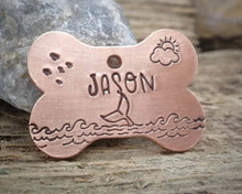 Load image into Gallery viewer, Bone dog tag, hand stamped with ocean design
