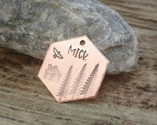 Load image into Gallery viewer, Hexagon dog name tag, handstamped with cabin & trees
