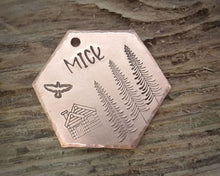 Load image into Gallery viewer, Hexagon dog name tag, handstamped with cabin & trees