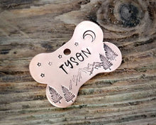 Load image into Gallery viewer, Bone dog tag, hand stamped with mountains & trees