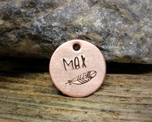 Load image into Gallery viewer, Cat id tag, hand stamped with feather design