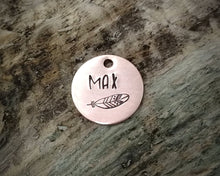 Load image into Gallery viewer, Cat id tag, hand stamped with feather design