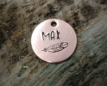 Load image into Gallery viewer, Cat id tag, hand stamped with feather design