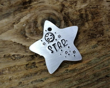 Load image into Gallery viewer, Small pet id tag, Aluminium star hand stamped with moon & stars, lightweight cat tag