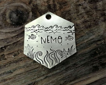 Load image into Gallery viewer, Hexagon dog tag, hand stamped with nautical design, octopus & fish