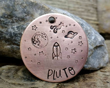 Load image into Gallery viewer, Dog name tag, hand stamped with moon, stars, planets & spaceship